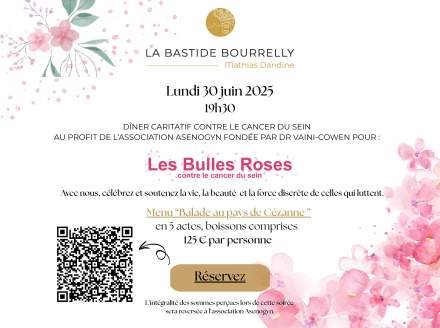 Dîner caritatif à La Bastide Bourrelly Mathias Dandine pour l'association Asenogyn, projet Les Bulles Roses par Docteur Vaini Cowen
